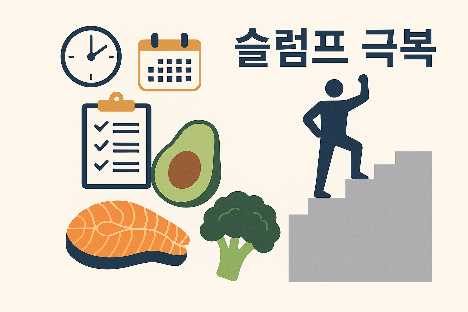 계단 위에 선 사람과 저탄고지 식단을 상징하는 그림, 체크리스트와 시계, 캘린더, 아보카도, 브로콜리, 연어 포함
