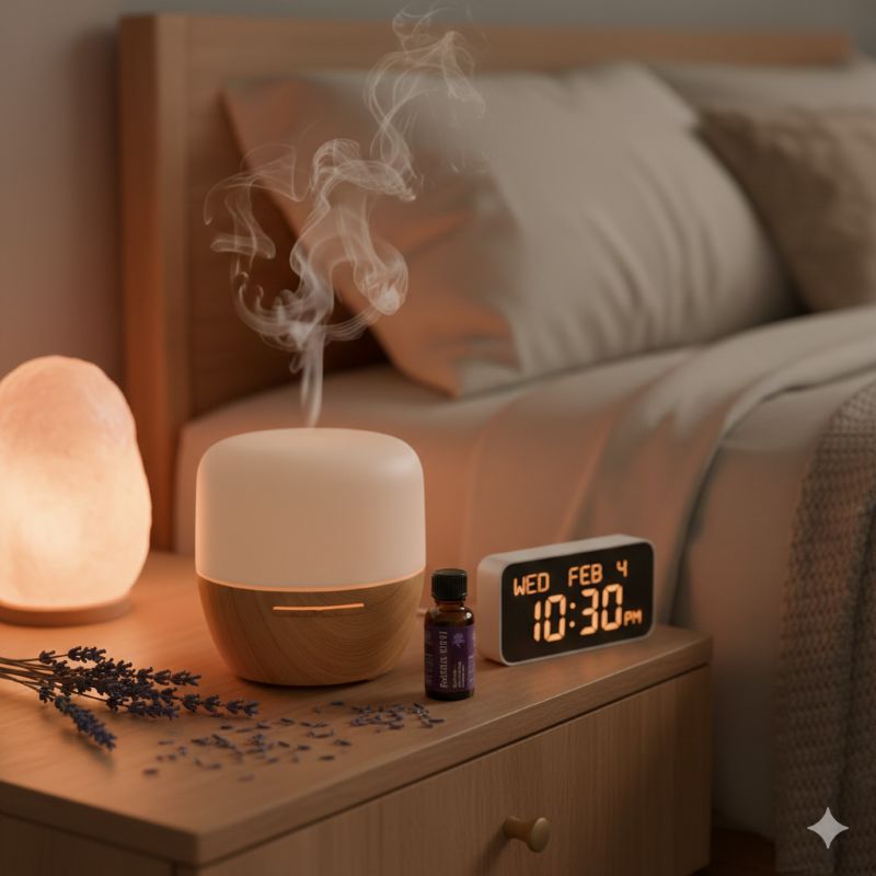 침대 옆 협탁에서 라벤더 에센셜 오일 디퓨저가 수증기를 내뿜으며 작동하고 있고 주변에 라벤더 꽃잎이 흩어져 있는 평화로운 아로마 테라피 환경