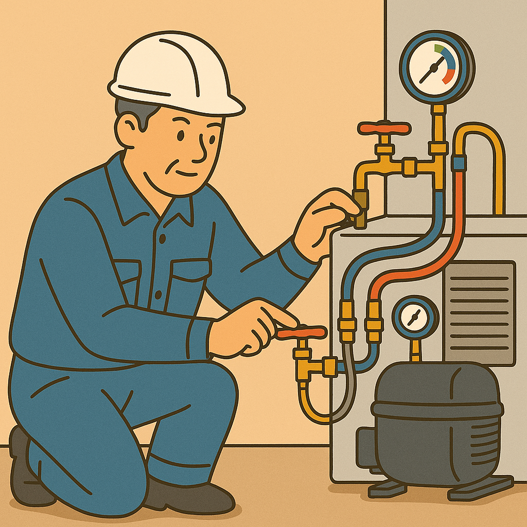 흰색 안전모와 청색 작업복을 입은 냉동공조기능사가 벽면에 설치된 냉동기 앞에서 주황색 밸브를 조절하며 압력계를 확인하는 모습