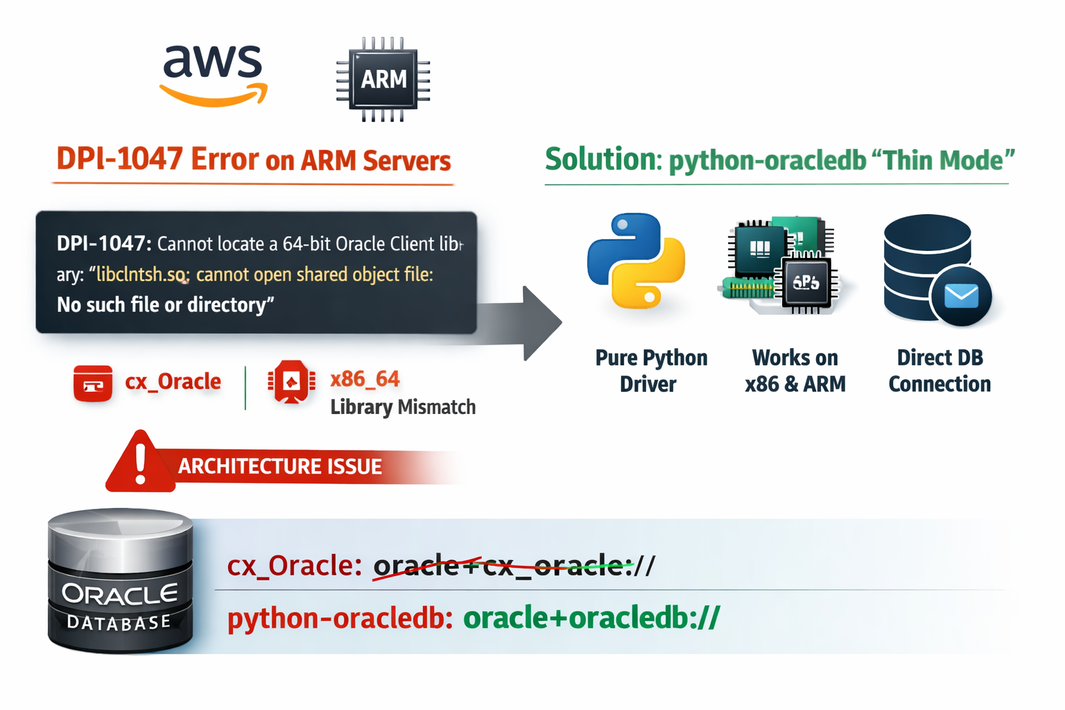 DPI-1047 오류 예시와 AWS Graviton ARM 환경에서 Thin 모드 사용으로 해결하는 Python OracleDB 연결