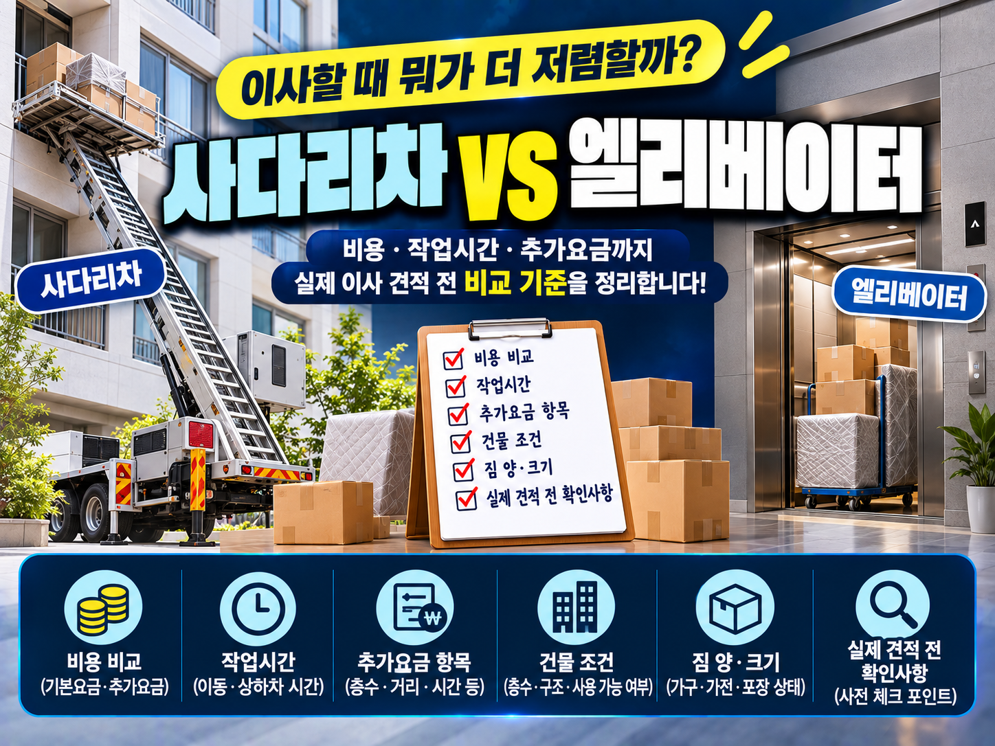이사 사다리차 vs 엘리베이터, 어느 쪽이 더 저렴할까요? 사다리차 비용과 엘리베이터 사용료부터 작업시간&middot;추가요금&middot;현장조건까지 실제 이사견적 전 확인할 기준을 정리합니다.