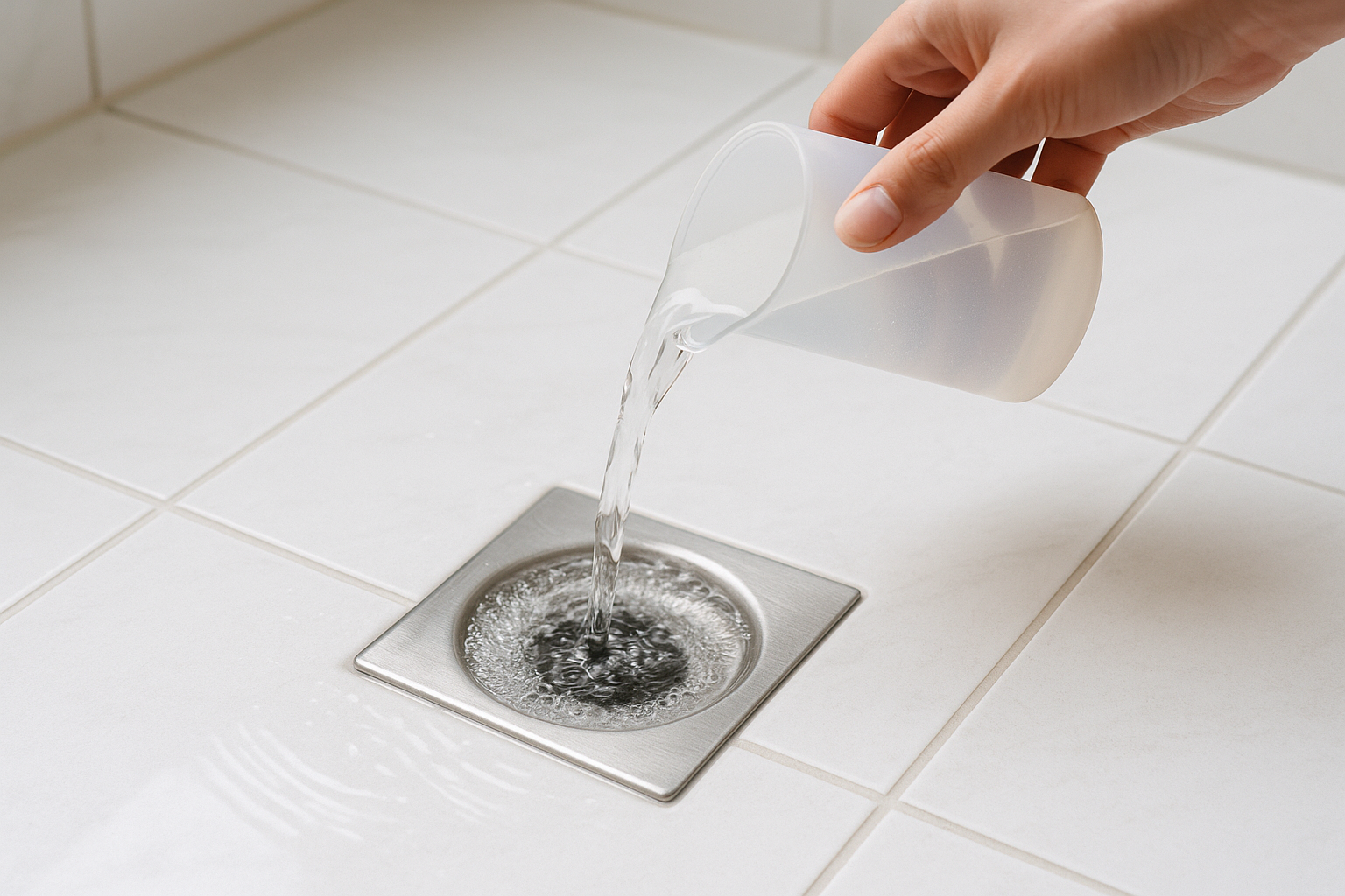 욕실 바닥트랩에 따뜻한 물을 부어 수봉을 채우는 모습