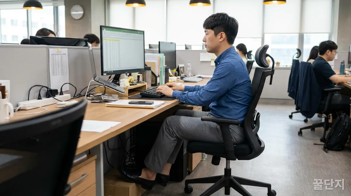 사무실 책상 아래에서 까치발 들기 운동을 하는 직장 남성