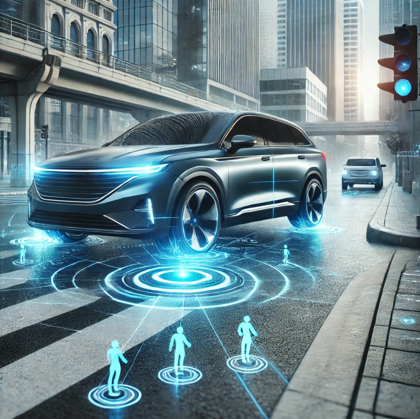 횡단보도에 사람을 발견하고 긴급 제동 시스템이 작동하여 차량이 멈추는 사진