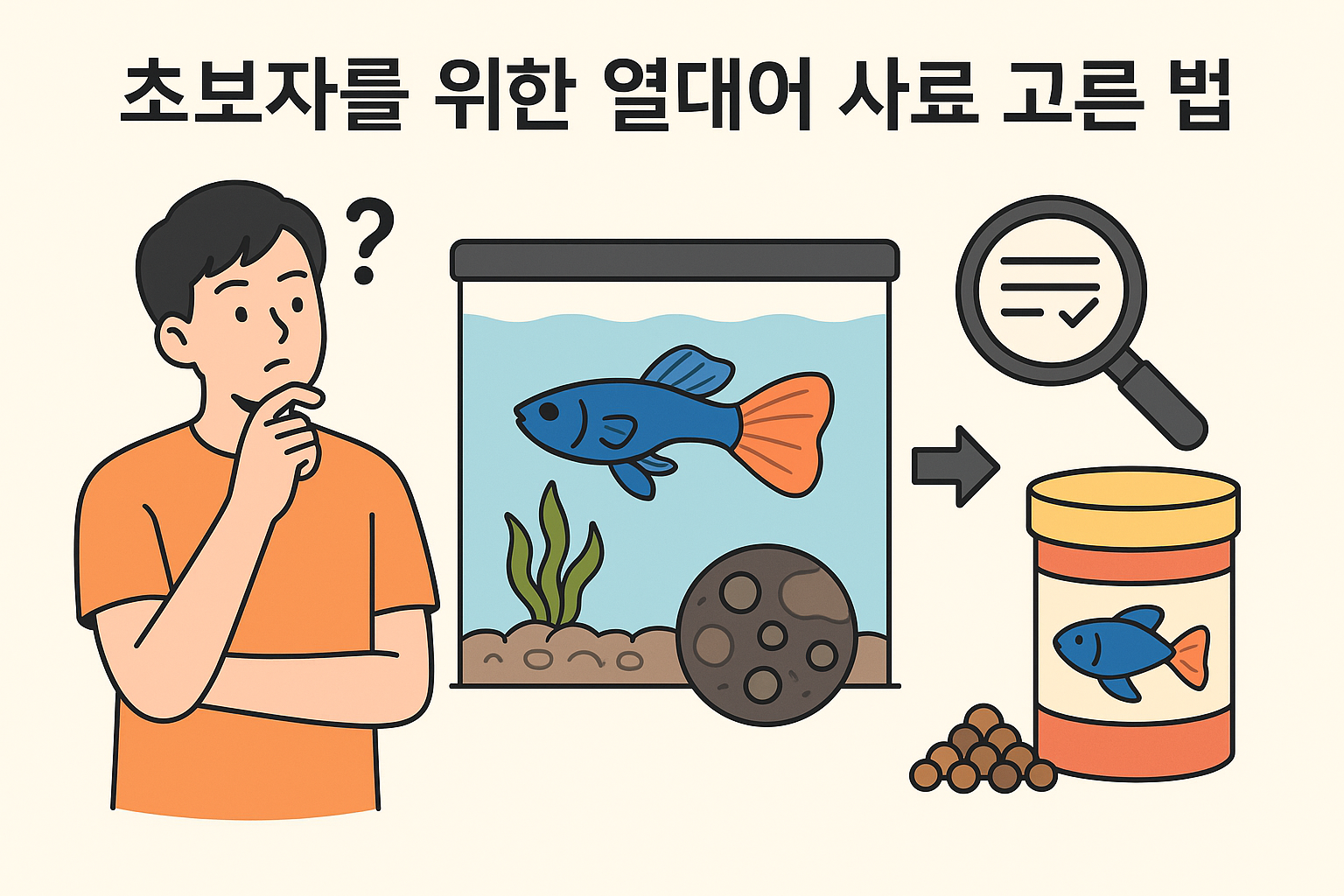 열대어 사료 선택 과정을 보여주는 교육용 일러스트. 왼쪽에는 주황색 셔츠를 입은 초보자가 고민하는 표정으로 서 있고, 중앙에는 파란색과 주황색의 구피가 들어 있는 수조가 있으며, 오른쪽에는 확대경 아이콘과 함께 어항용 사료 통과 펠렛 모양의 사료가 표현되어 있다. 상단에는 “초보자를 위한 열대어 사료 고르는 법”이라는 한글 문구가 적혀 있다