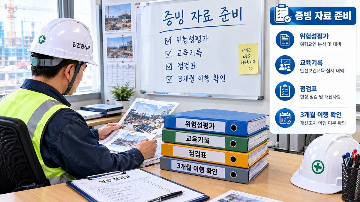 건설현장 사무실에서 안전관리자가 점검표와 사진 자료를 정리해 발주자 이행 확인을 준비하는 모습