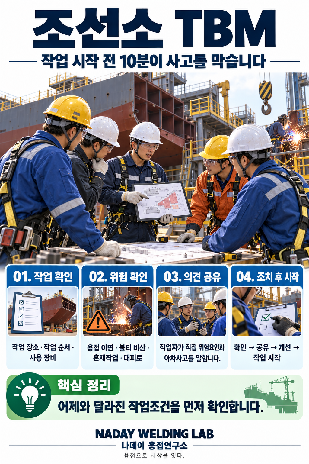 조선소 TBM 작업 확인·위험 확인·의견 공유·개선조치 진행 순서