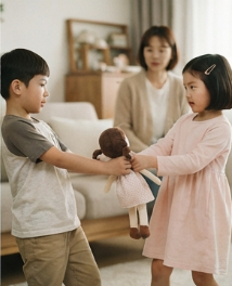 딸과 아들이 인형 하나를 두고 실랑이하는 모습