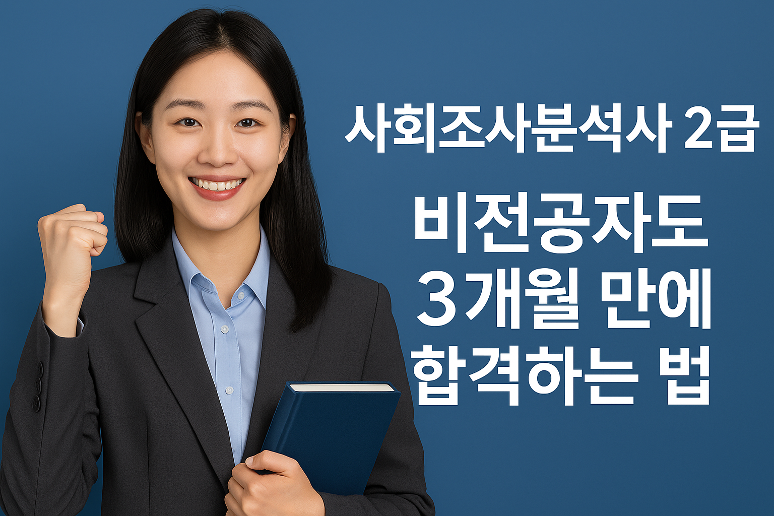 사회조사분석사 2급 합격 전략 문구 옆에 서 책을 든 여성이 미소 지으며 있습니다.