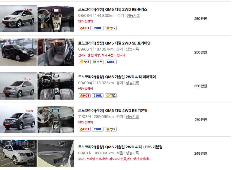 르노코리아 QM5 중고차 가격 시세표 유지비