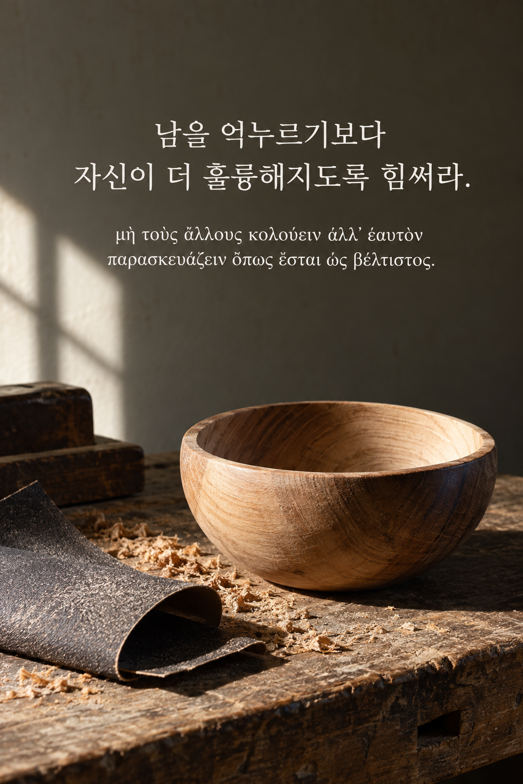 소크라테스 명언 15 &mdash; 남을 억누르기보다 자신이 더 훌륭해지도록 힘써라. &mdash; 다듬는 중인 나무 그릇과 사포