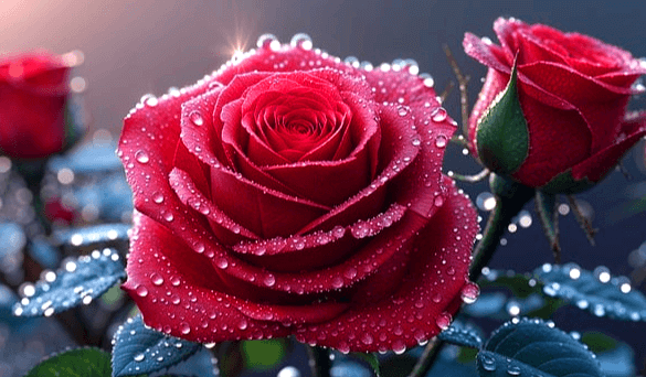 커다란 진분홍색 장미가 활짝 피어있다. 투명한 빗방울도 꽃잎에 가득하다.