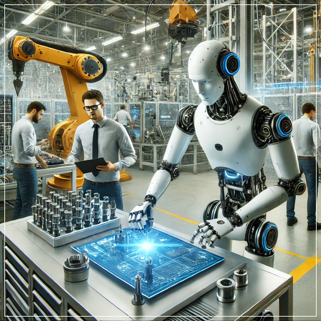 AI 로봇이 정밀한 조립 작업을 수행하고, 인간 작업자가 이를 감시하는 공장 내부 모습