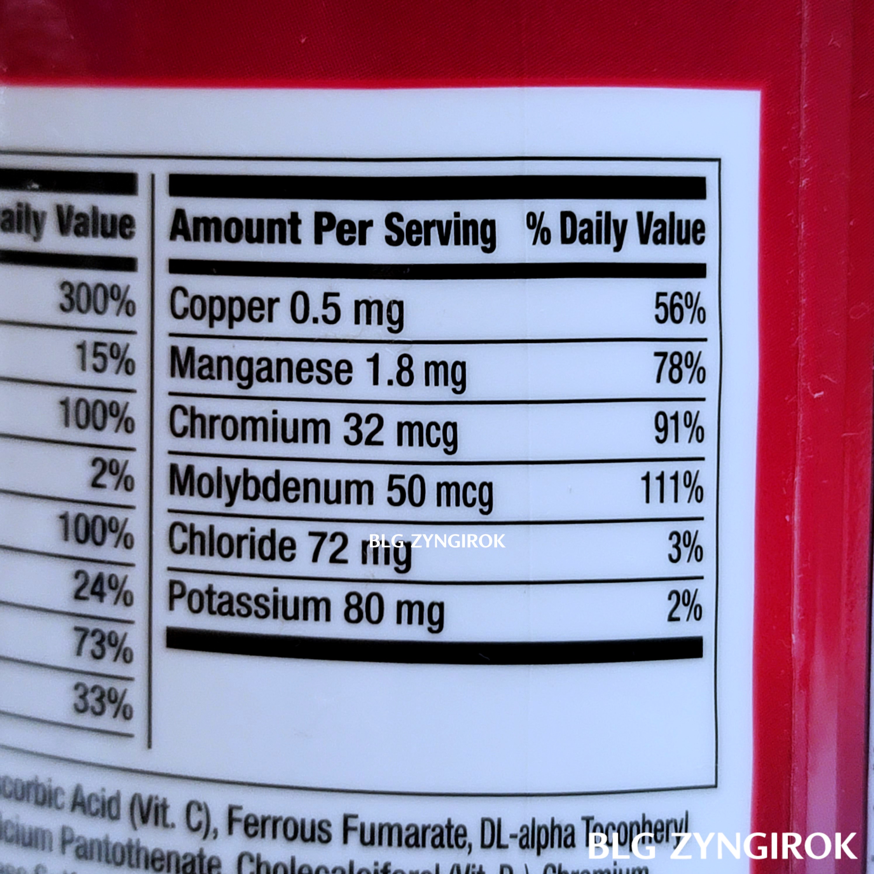 센트럼 여성용 멀티비마민 멀티미네랄 보충제 함량 모습이다.