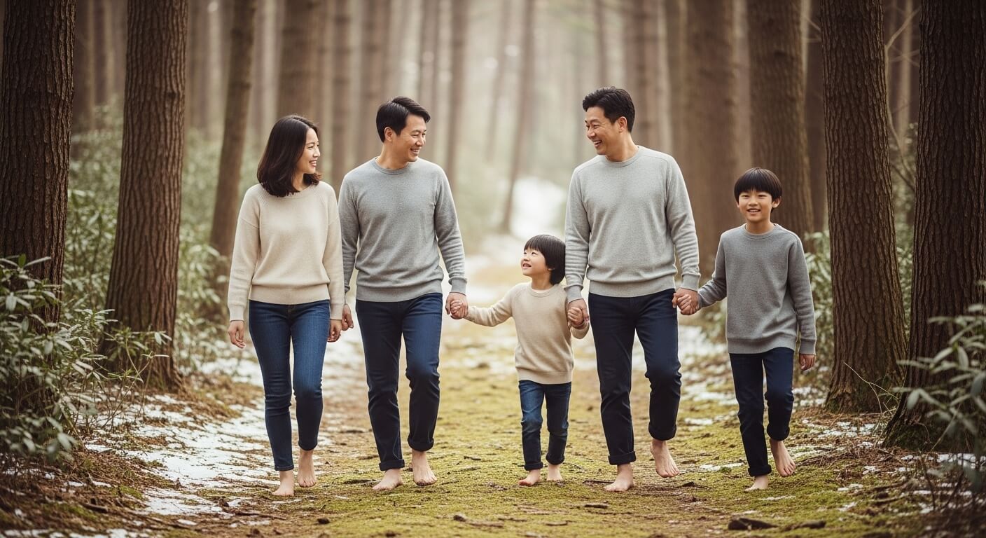 강원도의 겨울 숲길을 맨발로 걷는 가족의 행복한 모습, 자연 속에서 평화로운 시간을 보내고 있다.
