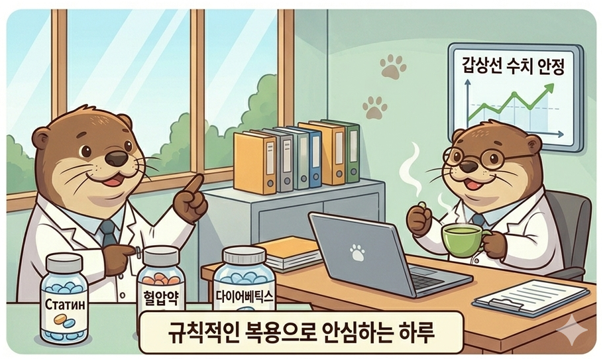 커피잔을 들고 설명하는 수달