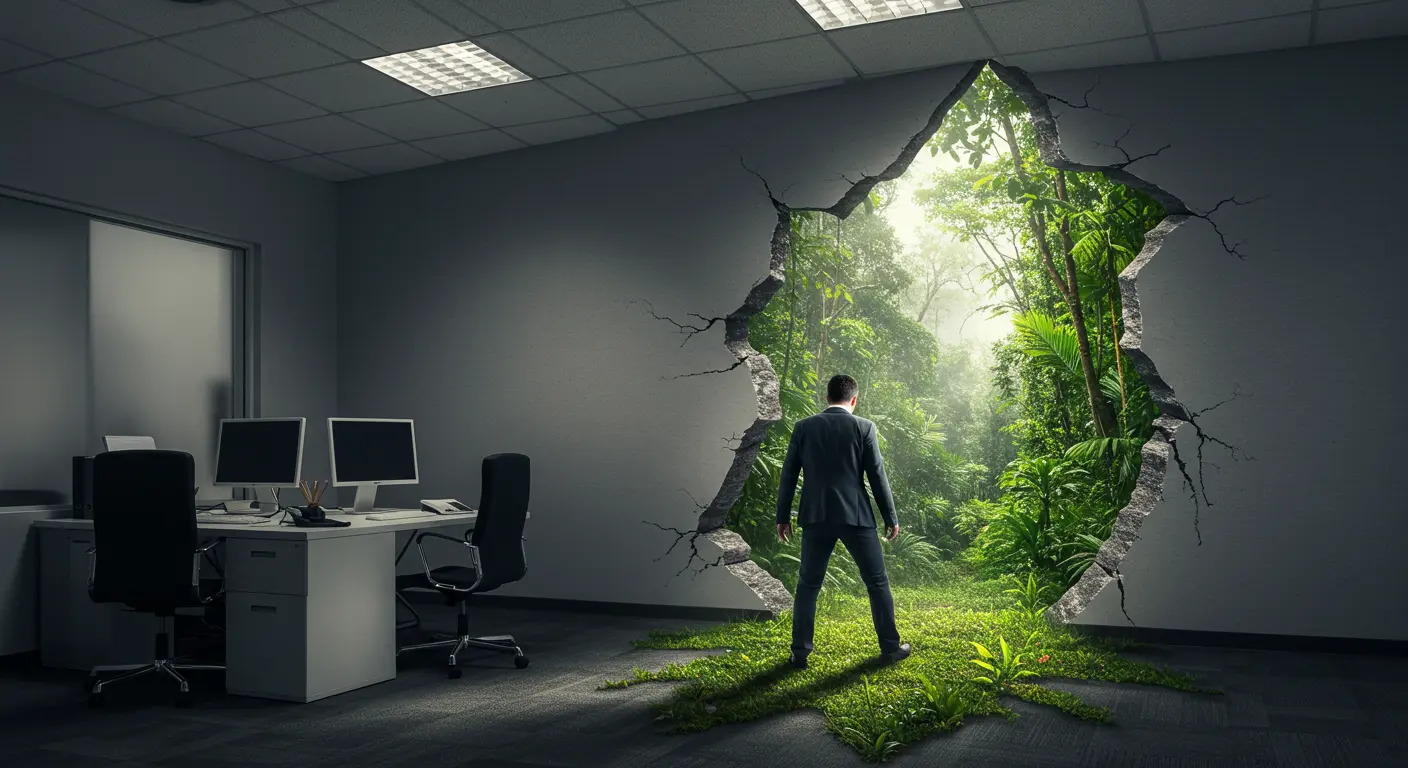 사무실에서 지친 직장인이 벽 너머의 아마존 열대우림을 보며 활기를 되찾는 모습