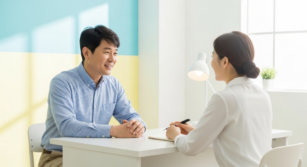상담 창구에서 담당자와 대화 중인 40대 남성의 밝은 모습