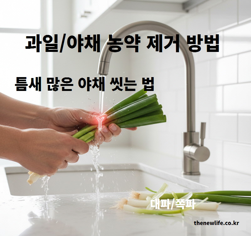 대파의 Y자 갈라지는 부분과 뿌리 껍질을 벗겨 틈새 흙과 과일 야채 농약 제거 방법을 실천하는 모습