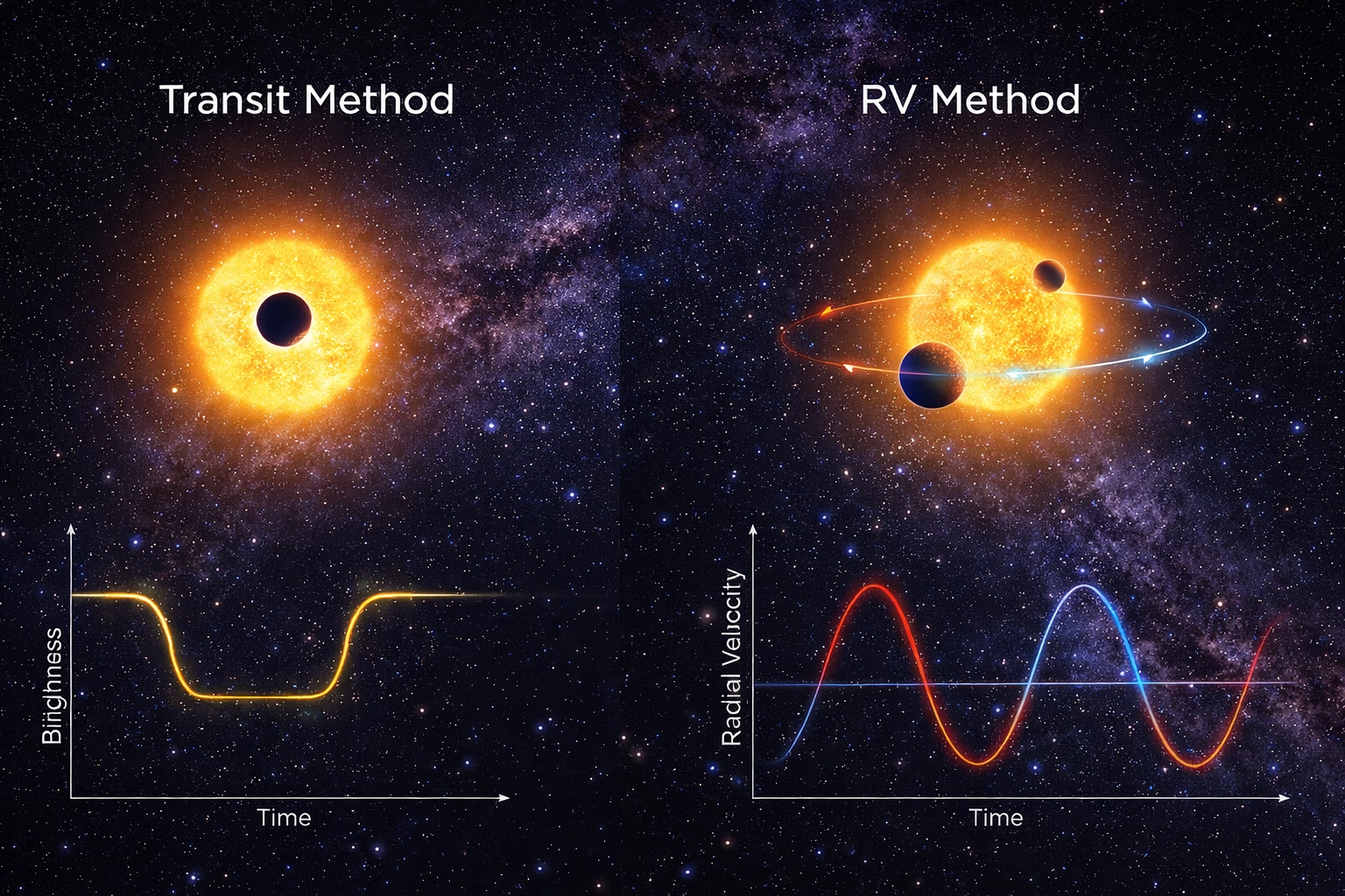 [AI 생성] 트랜짓 방법과 시선속도 방법으로 외계행성을 탐지하는 과정을 표현한 이미지