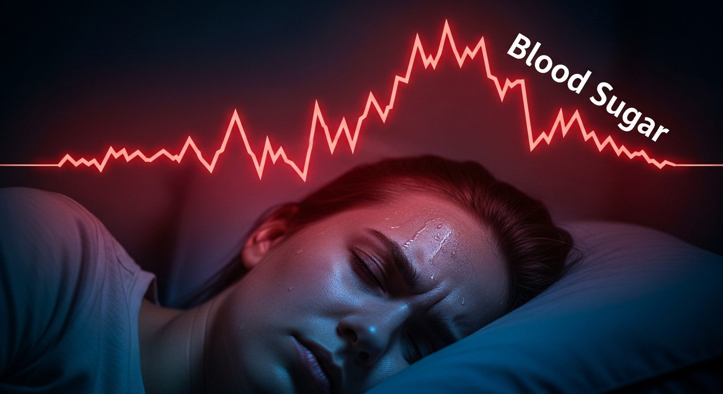 롤러코스터처럼 요동치는 혈당 그래프와, 그 아래에서 식은땀을 흘리며 악몽을 꾸는 사람의 모습