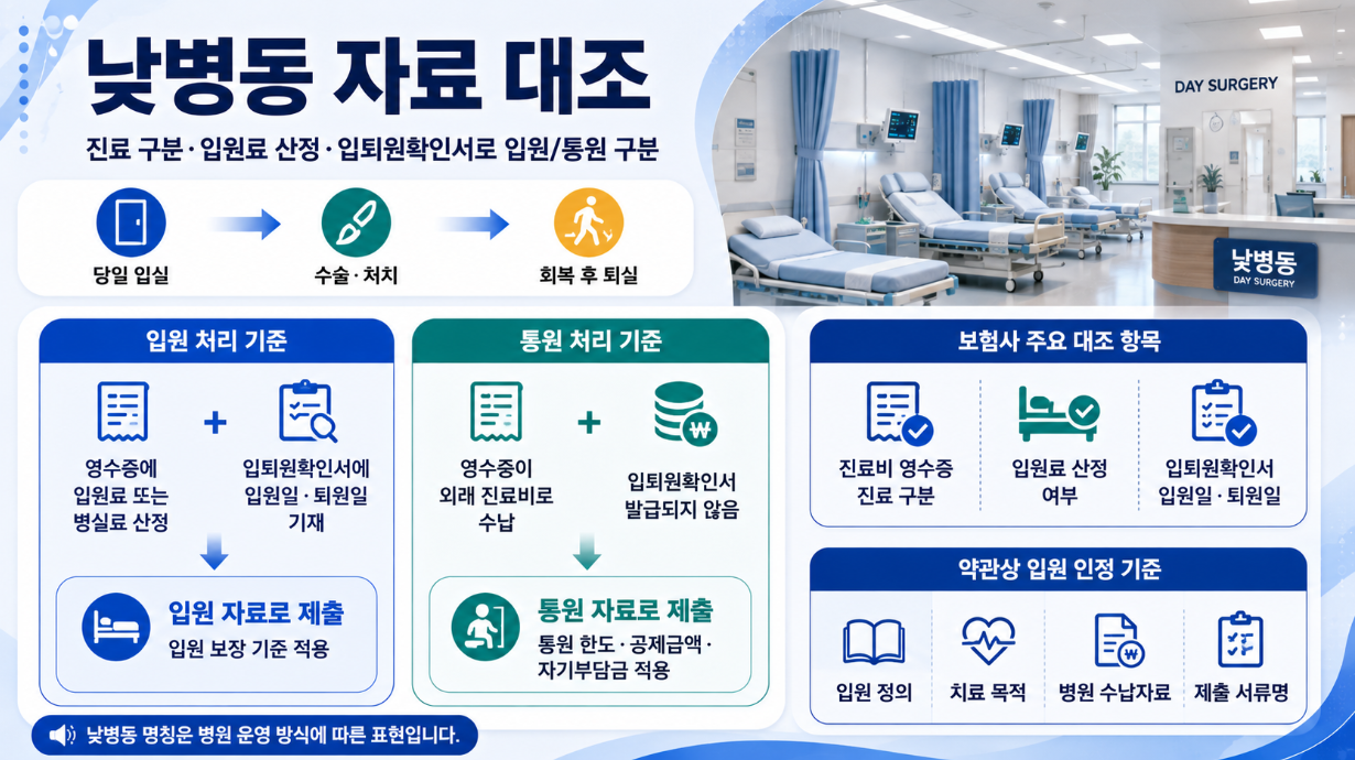 낮병동 자료 대조 기준을 설명한 16:9 인포그래픽으로, 당일 입실&middot;수술 또는 처치&middot;회복 후 퇴실 흐름과 입원 처리 기준, 통원 처리 기준, 보험사 대조 항목을 정리한 이미지
