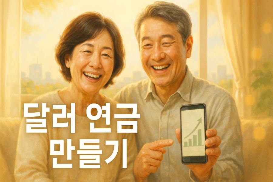 따뜻한 햇살이 비치는 거실에서 환하게 웃는 50대 부부가 스마트폰 속 상승 그래프를 바라보는 모습으로, &lsquo;달러 연금 만들기&rsquo;라는 문구가 함께 있는 희망적인 분위기의 이미지