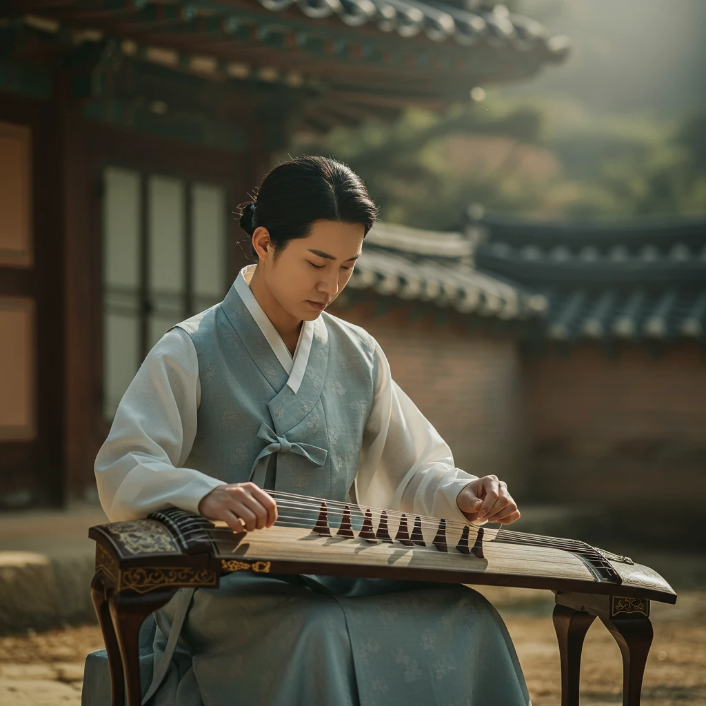 아름다운 전통 한옥 배경에서 가야금을 연주하는 모습