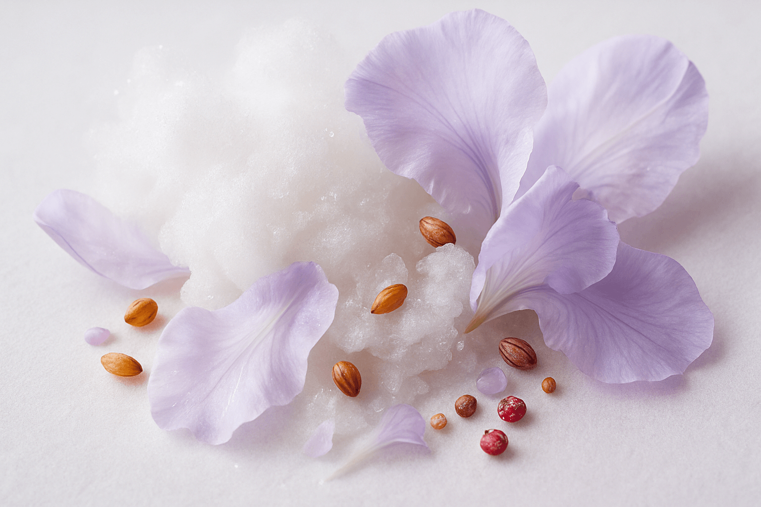 딥티크 ‘플레르 드 뽀’의 향을 시각화한 파스텔 매크로 이미지: 면처럼 가벼운 머스크 구름이 은은한 수분 광택을 머금고, 실키한 아이리스 꽃잎·반짝이는 앰브레트 씨앗과 어우러져 알라바스터 배경 위에 부드럽게 퍼져 있다. 깨끗하고 포근한 피부 향을 상징적으로 표현한 하이키 톤 사진.