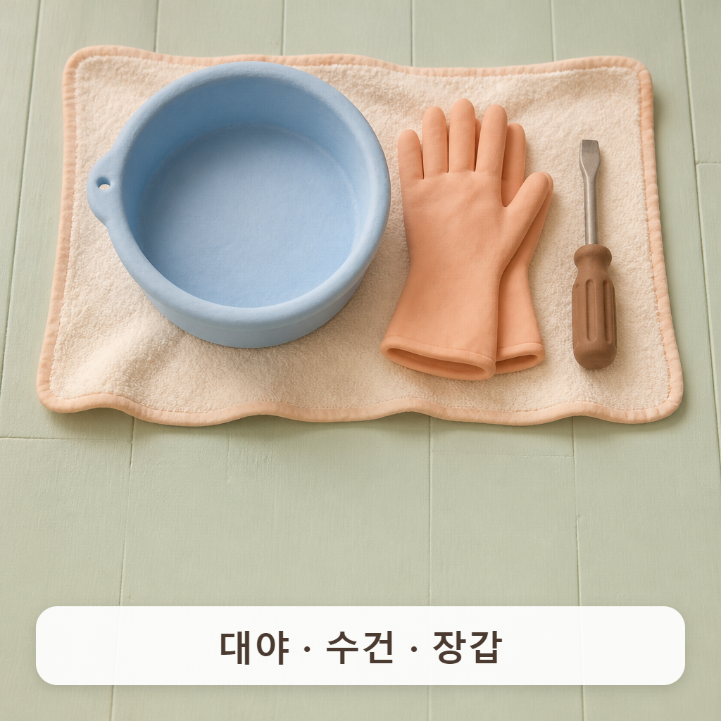 바닥에 깔린 수건과 대야, 장갑과 일자 드라이버