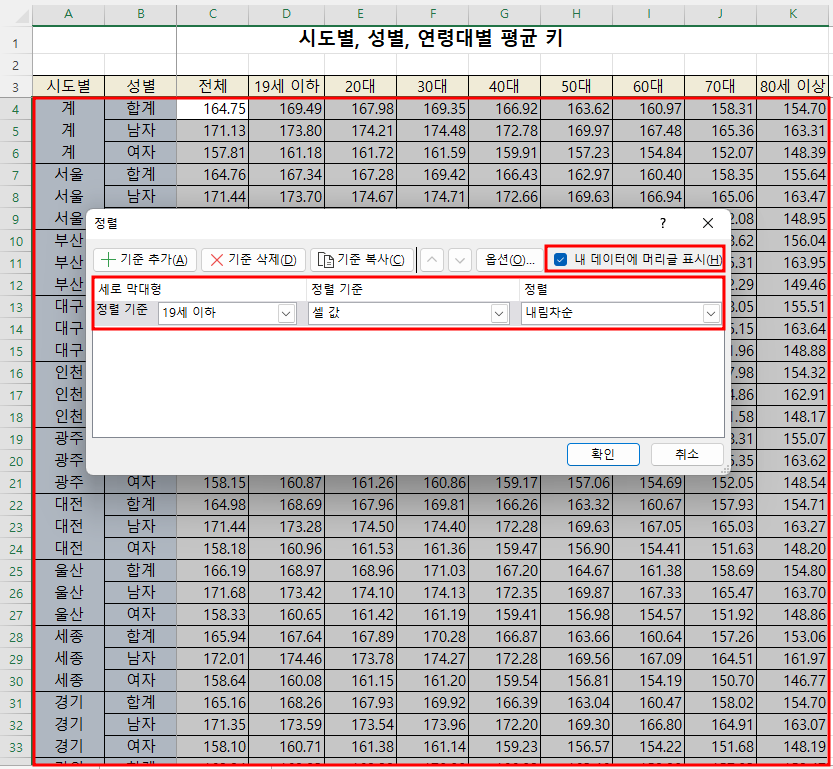 정렬 대화상자, 머리글 표시, 옵션, 정렬 기준, 내림차순, 오름차순, 기준 추가, 기준 삭제, 기준 복사