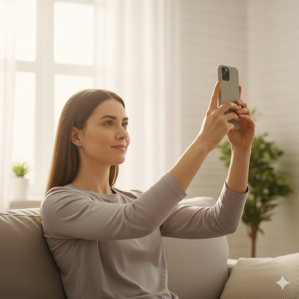 밝은 거실 소파에 허리를 펴고 앉아 스마트폰을 눈높이에 맞춰 사용하는 지적인 아름다운 여성 모델.