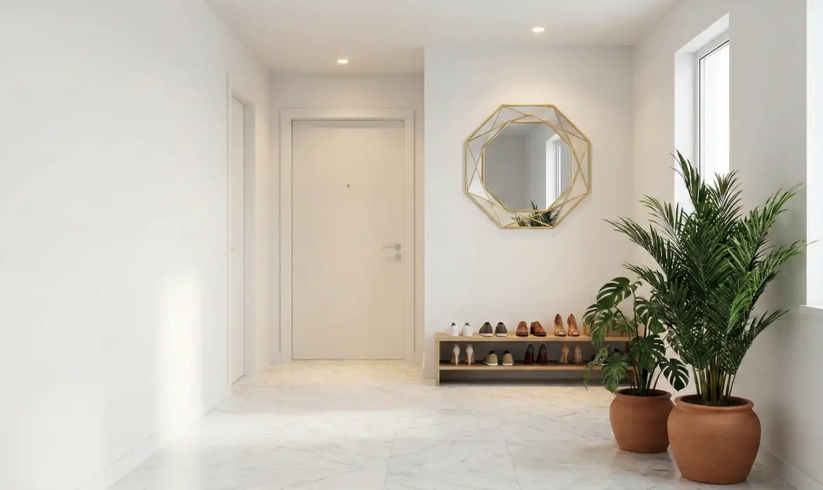 밝고 환한 조명과 정리된 신발장 옆에 팔각 거울이 배치된 현관 인테리어