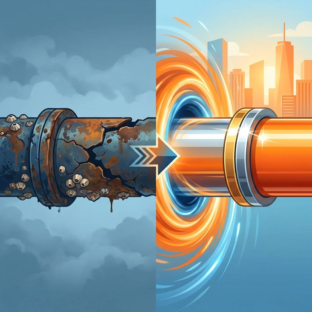 낡고 녹슨 금속 파이프가 반짝이는 새 파이프로 변하는 과정을 상징적으로 묘사한 일러스트