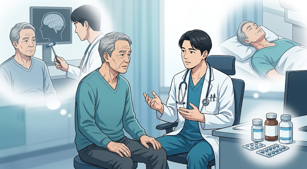 신경계 질환, 두경부 치료 이력, 복용약 등 과거 병력과 배경을 종합적으로 상담하는 메디컬 일러스트