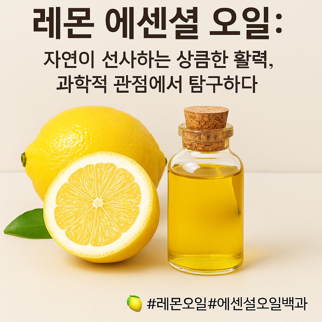 싱싱한 레몬 과일과 에센셜 오일 병이 함께 있는 밝고 상큼한 이미지