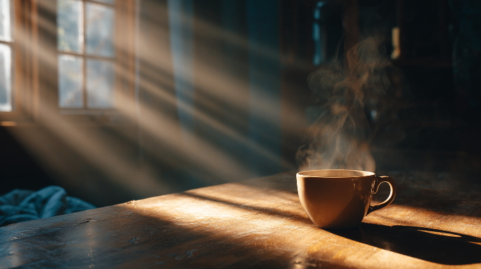 햇살 아래 따뜻한 디카페인 커피 한 잔