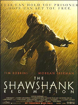 The Shawshank Redemption의 주인공이 탈옥 후 자유를 만끽하는 장면의 영화 포스터