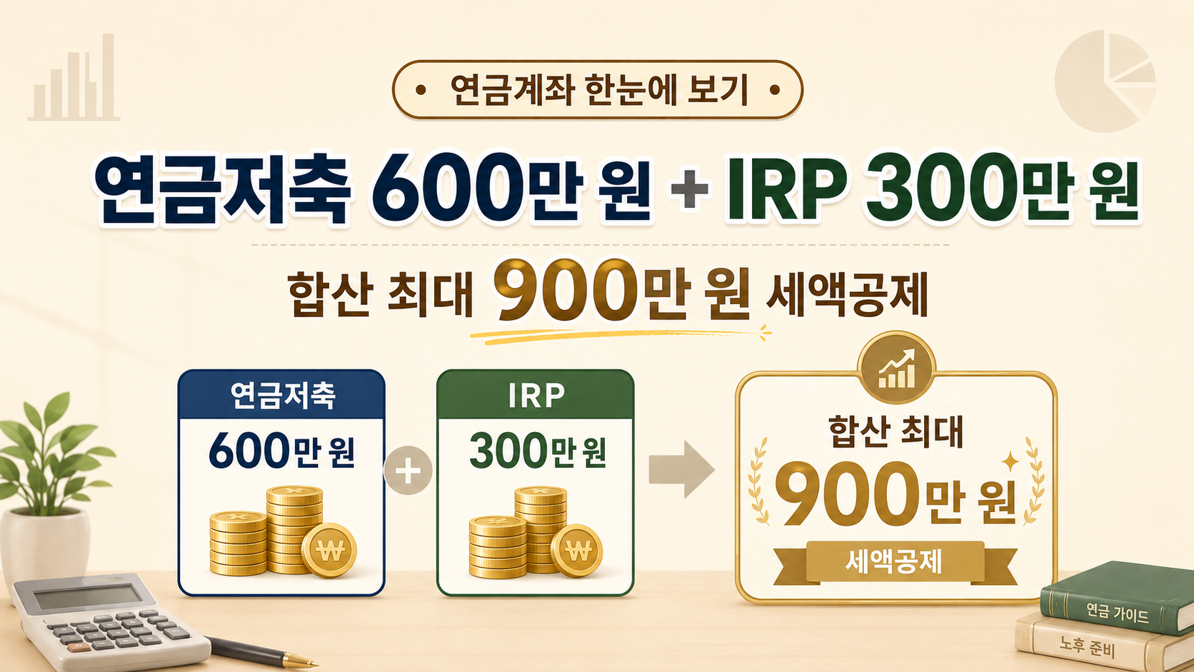 연금저축 600만 원과 IRP 300만 원을 합산해 최대 900만 원 세액공제 한도를 설명하는 이미지