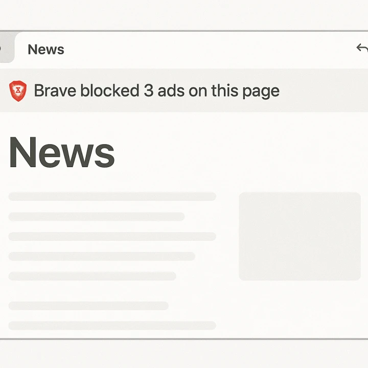 광고 차단된 웹사이트 화면, Brave 브라우저에서 보여지는 모습