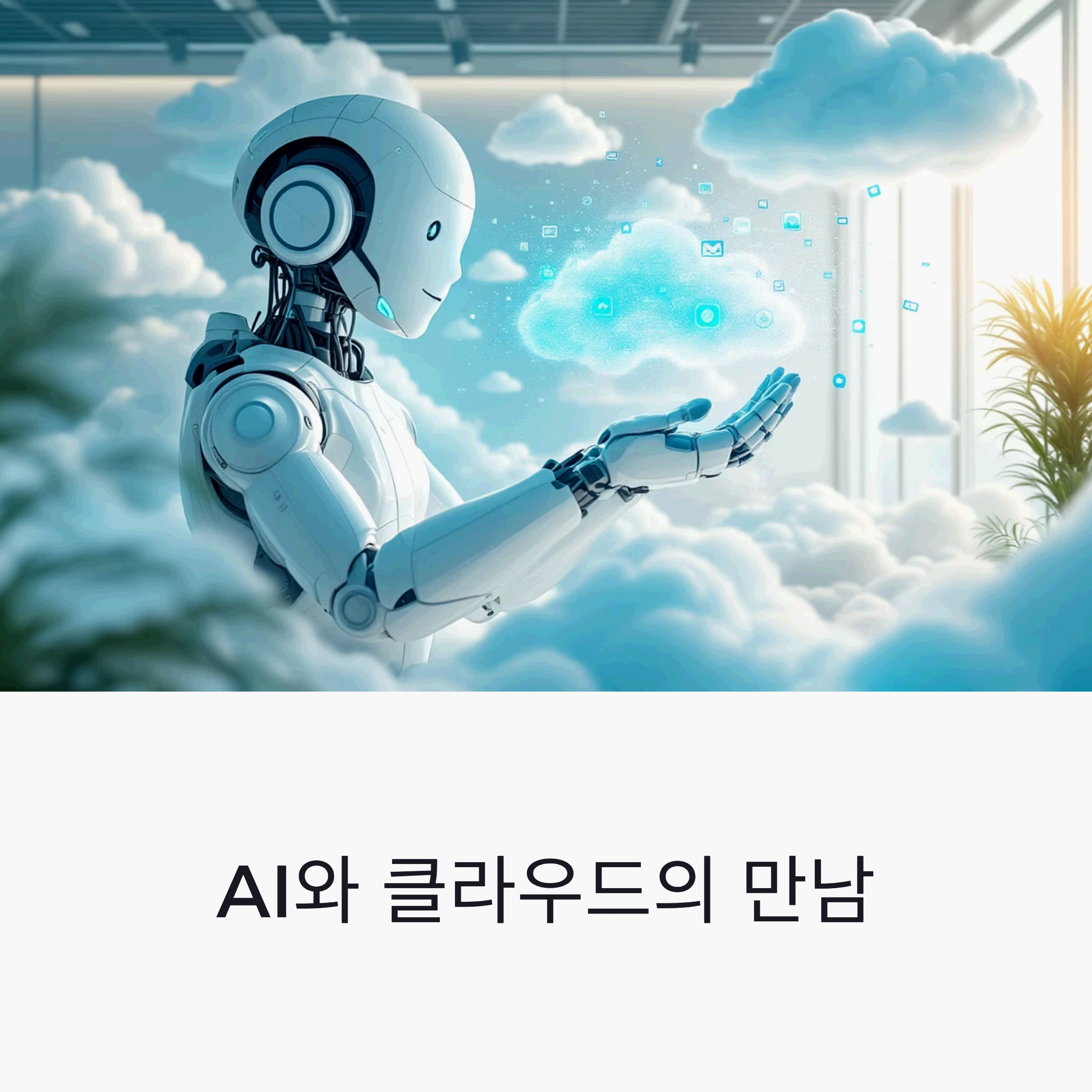 futuristic smart robot AI agent interacting with abstract cloud shapes