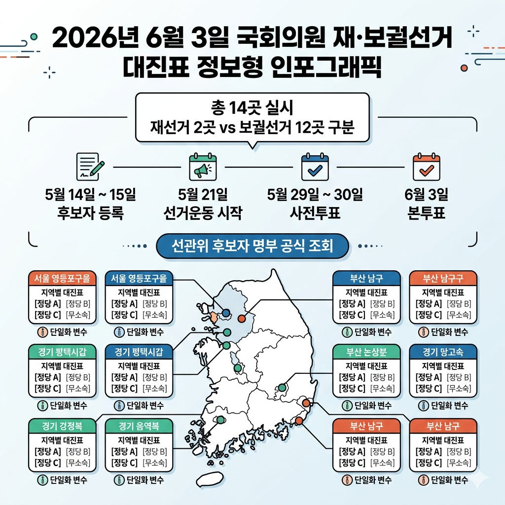 보궐선거 대진표 2026 총정리｜6&middot;3 국회의원 재&middot;보궐선거 14곳 후보 구도 인포그래픽