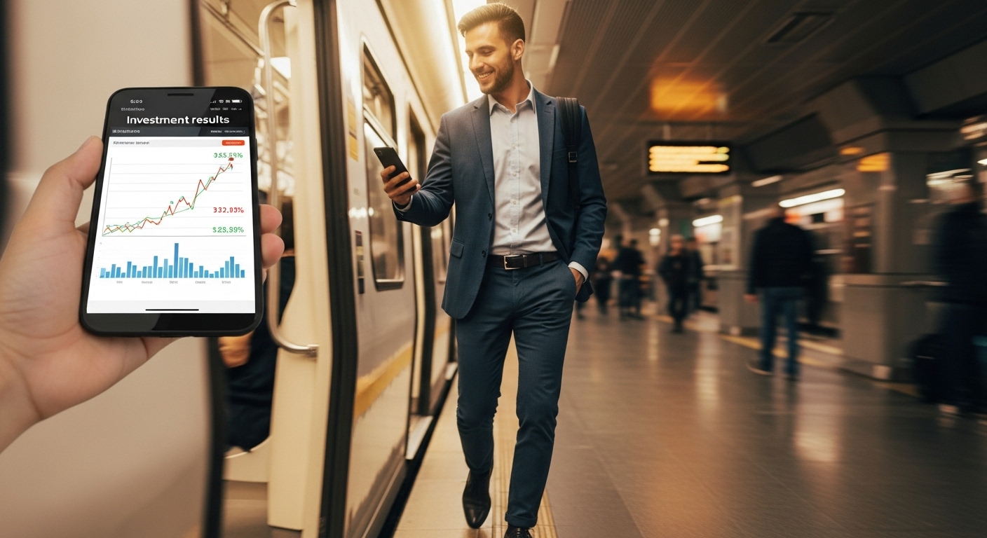 지하철에서 내리며 스마트폰을 확인하는 투자자의 미소 짓는 모습 이미지