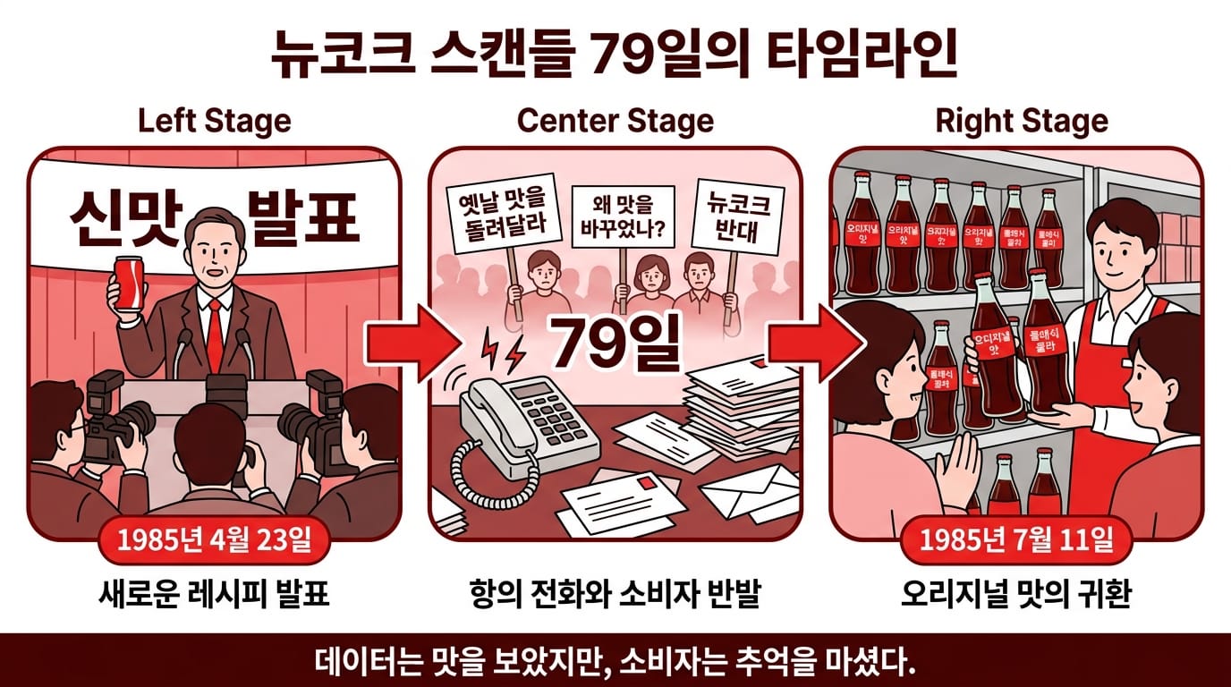 1985년 뉴코크 출시와 79일 뒤 코카콜라 클래식 복귀를 보여주는 타임라인 인포그래픽