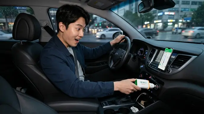 자동차 안에서 시거잭에 캐롯 플러그를 꽂으며 놀라워하는 운전자의 모습