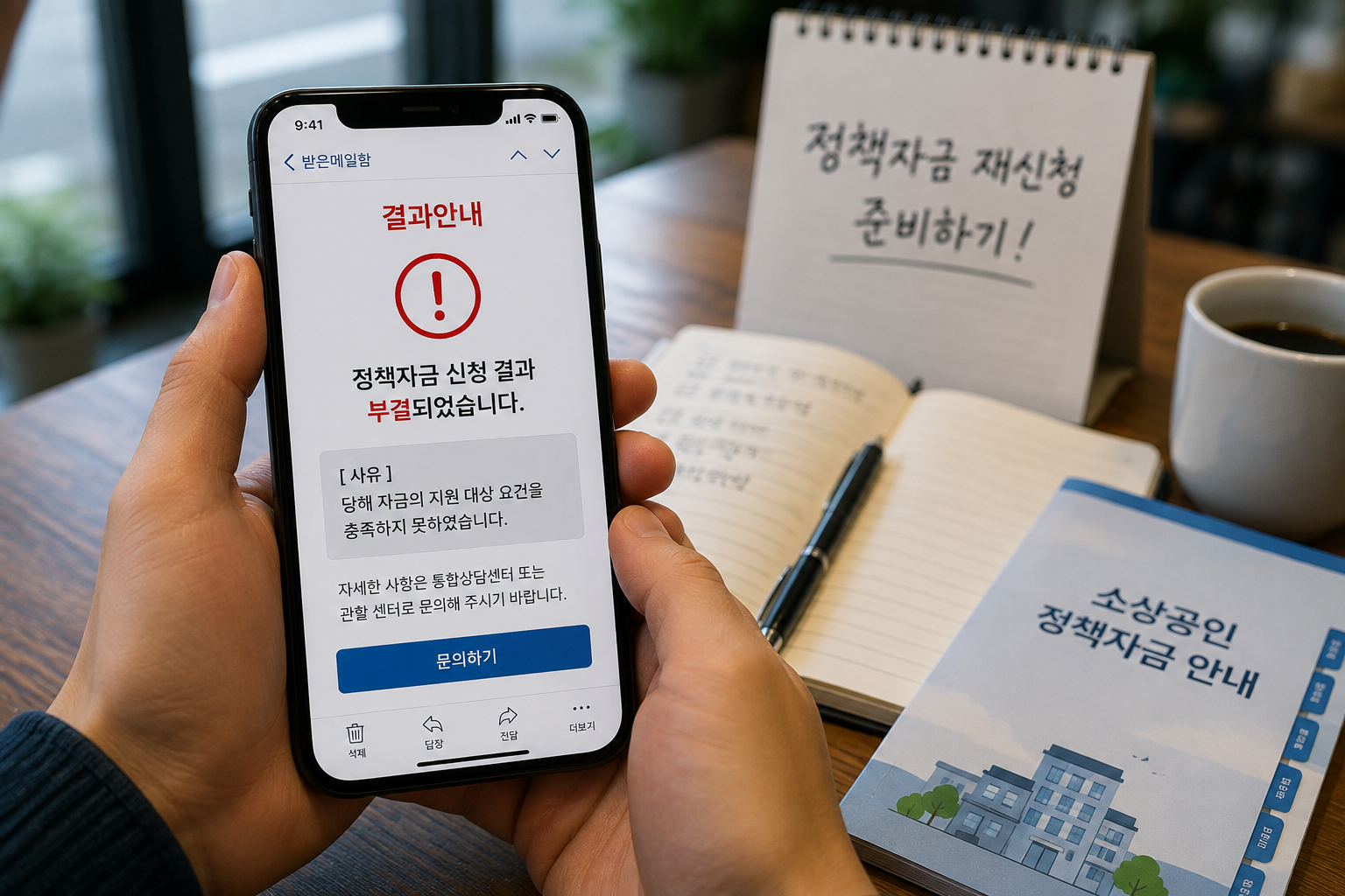 소상공인이 정책자금 부결 결과를 확인하고 재신청 전 거절 사유를 점검하는 모습
