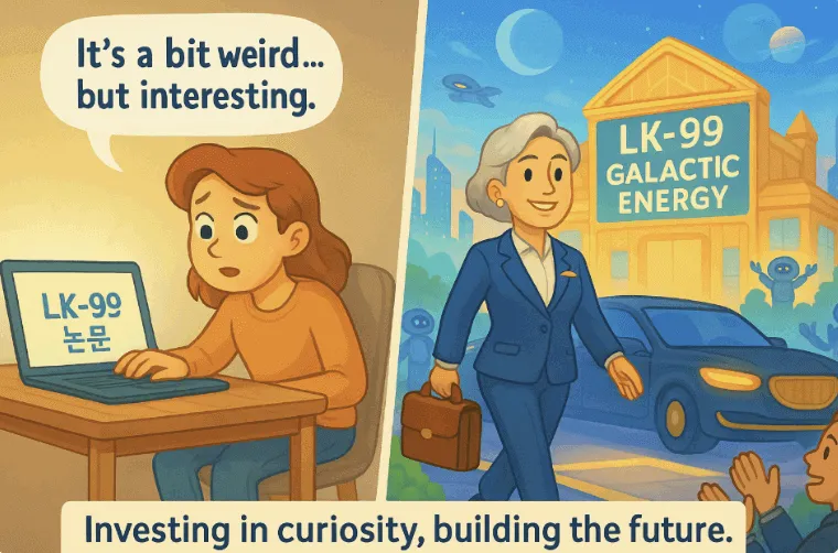 LK-99 논문을 호기심에 읽던 젊은 여성이 수십 년 후 &lsquo;LK-99 Galactic Energy&rsquo; 본사 앞을 당당히 걸어가는 CEO로 변신한 모습을 보여주는 2단 구성의 픽사풍 일러스트. 상상력과 투자&amp;#44; 미래의 연결을 강조한 희망적인 이미지. (LK-99&amp;#44; woman investor&amp;#44; future success&amp;#44; scientific breakthrough)