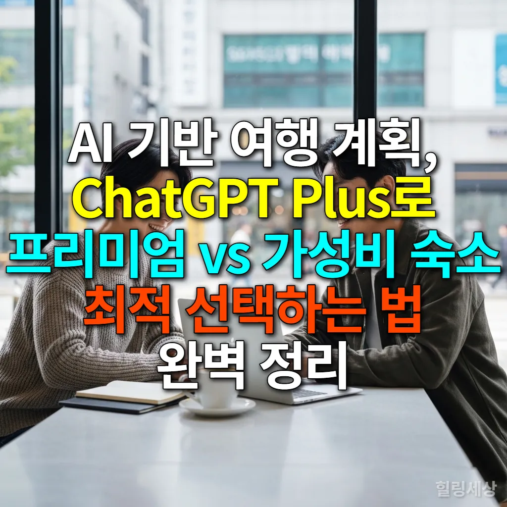카페에서 노트북을 보며 AI로 여행 계획을 세우는 한국인 커플
