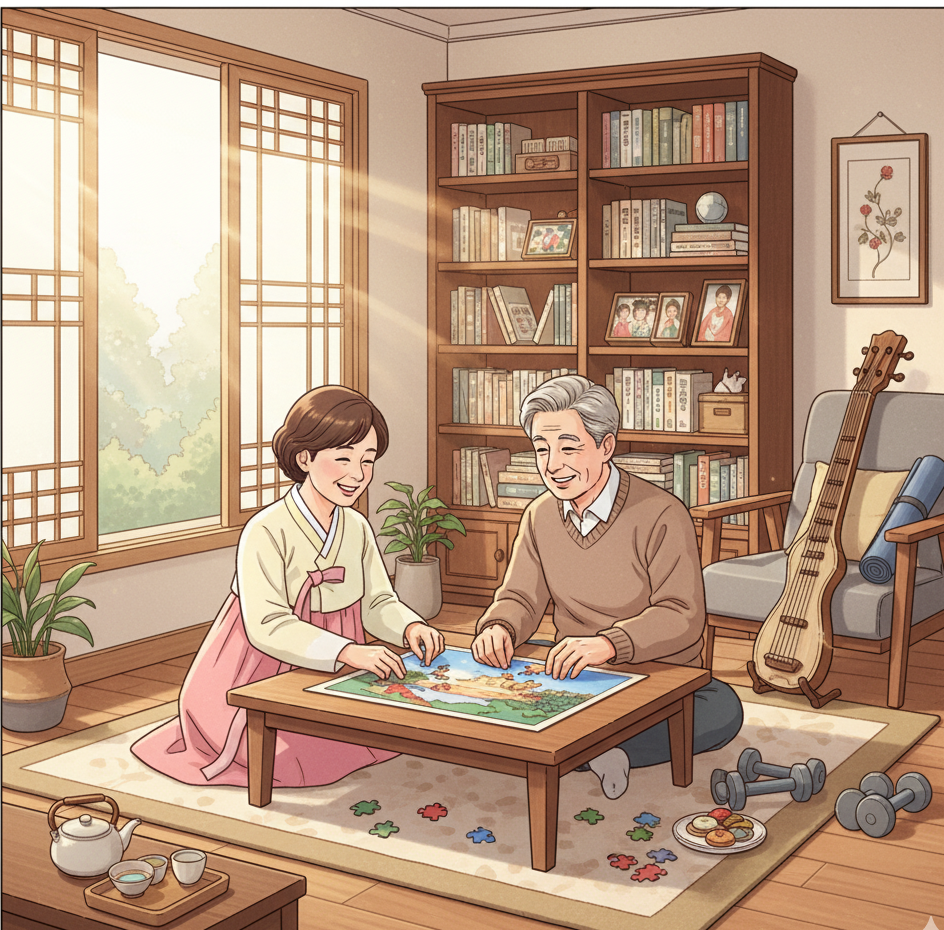 50-60대 부부가 함께 퍼즐을 맞추고 있고, 주변에는 책, 악기, 운동기구 등이 배치