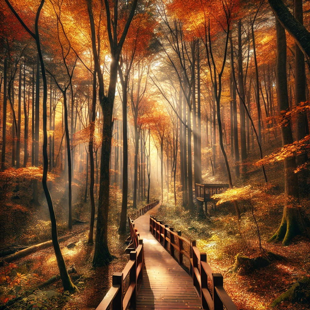 단풍이 든 나무 사이에 산책길이 이쁘게 되어있다.